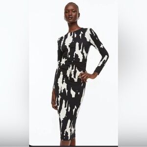 H&M Black White Abstract Print Ruched Midi Dress Long Sleeve Small
